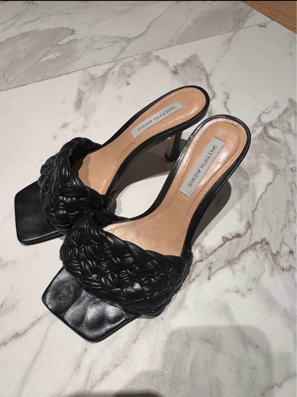 Saks Fifth Avenue Black Braided Open-Toe Mule Heels